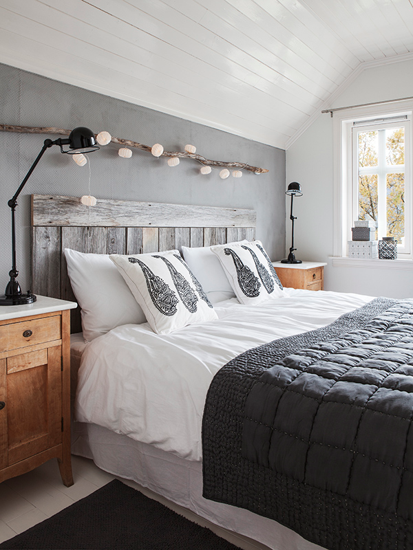 grey and white bedroom with natural details